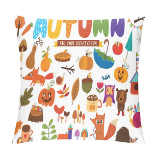 Personality  Big Set Of Autumn Hand Drawn Elements- Fall Leaves, Forest Animals And Other. Perfect For Web, Card, Poster Or T-shirt. Vector Illustration Pillow Covers
