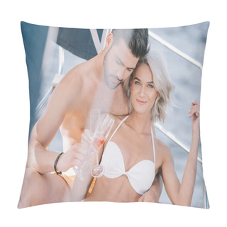 Personality  Young Couple In Swimwear Clinking By Champagne Glasses On Yacht  Pillow Covers