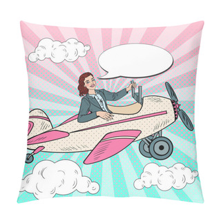 Personality  Pop Art Smiling Business Woman Riding Vintage Airplane. Vector Illustration Pillow Covers