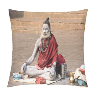 Personality  Sadhu Sits On The Ghat Along The Ganges River In Varanasi, India. Pillow Covers