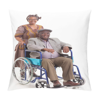 Personality  Disabled African Old Man Sitting On Wheelchair With Caring Wife Pillow Covers