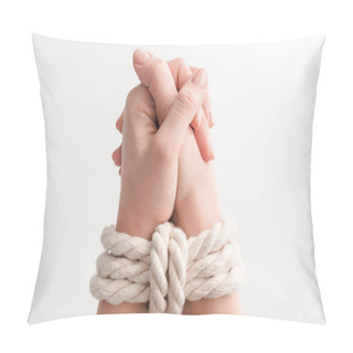 Personality  Cropped View Of Woman With Rope On Praying Hands Isolated On White, Human Rights Concept  Pillow Covers