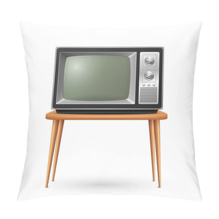 Personality  Vector 3d Realistic Retro TV Receiver On A Wooden Table Stand Closeup Isolated On White. Vintage TV Set. Television, Front View. Pillow Covers