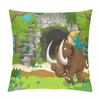 Personality  Cartoon Happy Scene With Caveman Woman On Mammoth In The Jungle Traveling - Illustration For Children Pillow Covers
