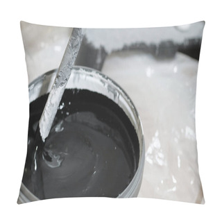 Personality  Black Concentrated Color Paint Is Mixed With White Paint In Bucket. Wall Painting Concept. Close-up Pillow Covers