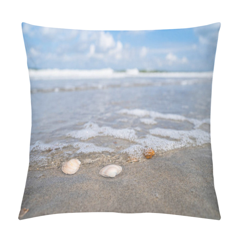 Personality  Summery Photo With Shells And Details Of Sun On Wet Sandy Beach. Details Of Beach Along The North Sea Coast In The Netherlands. Pillow Covers