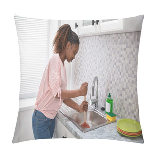 Personality  Side View Of A Female Plumber Using Plunger In Kitchen Sink Pillow Covers