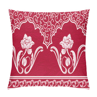 Personality  Repeating Pattern With Motifs Of Chinese Painting. White Ornament And Flowers On A Red Textured Background. Pillow Covers