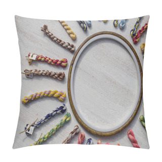 Personality  The Embroidery Hoop With Canvas And Bright Sewing. Creative Concept With Copy Space Pillow Covers