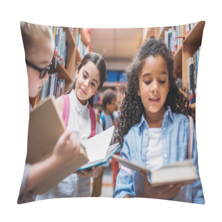 Personality  Schoolgirls Looking For Books In Library Pillow Covers