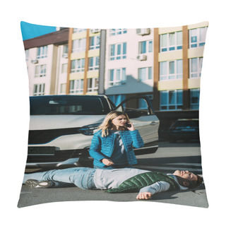 Personality  Young Woman Calling Emergency While Kneeling Near Injured Man After Traffic Accident Pillow Covers