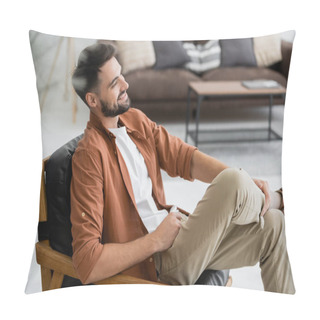 Personality  Cheerful And Bearded Man Sitting On Comfortable Leather Armchair In Living Room  Pillow Covers