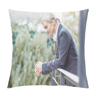 Personality  Businesswoman Leaning Against Railing Of Balcony Pillow Covers