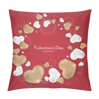 Personality  Valentine's Day Background Of  Frame With Many White And Gold Color Hearts On Red Background For Your Copy Space. Valentines Day Greeting Card Or Banner. Vector Illustration. Pillow Covers