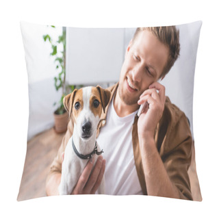 Personality  Selective Focus Of Businessman Talking On Mobile Phone While Holding Jack Russell Terrier Dog Pillow Covers