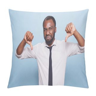 Personality  Annoyed Black Man Showing Thumbs Down Gesture On Camera, Making Disagreement And Disapproval Sign In Studio. Displeased Individual Posing Over Blue Background With Negative Symbol. Pillow Covers