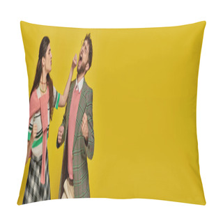 Personality  Fight, Brunette Woman Punching Man On Yellow Backdrop, Tension, Conflict, Confrontation, Banner Pillow Covers