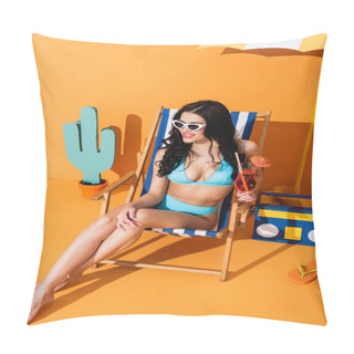 Personality  High Angle View Of Happy Woman In Swimwear And Sunglasses Sitting On Deck Chair And Holding Cocktail Near Flip Flops, Paper Umbrella, Boombox And Cactus On Orange Pillow Covers