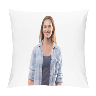 Personality  Portrait Of Beautiful And Happy Woman In Blue Denim Shirt Isolated On White Background  Pillow Covers