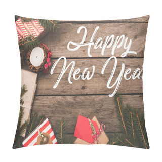 Personality  Top View Of Frame Of Christmas Gifts On Rustic Wooden Table, Happy New Year Inscription Pillow Covers