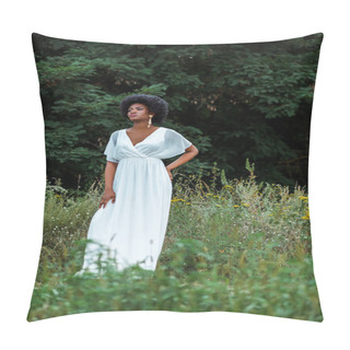 Personality  Selective Focus Of Beautiful African American Girl In White Dress Standing In Field With Wildflowers  Pillow Covers
