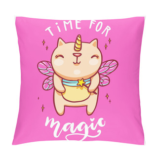 Personality  Cute Unicorn Cat With Fairy Wings And Magic Wand. Handwritten Time For Magic Lettering. Vector Colorful Illustration Pillow Covers