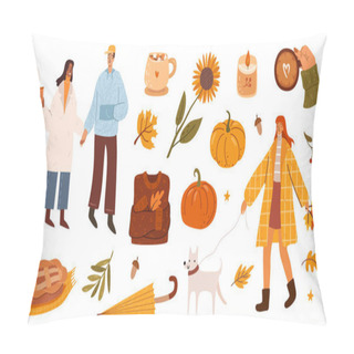 Personality  Autumn Mood Set Of Cute Element. Fall Season. Cartoon People Walking With Dog, Hot Tea And Pie, Umbrella And Woman Walking With Dog, Icon For Party, Fall Festival Or Thanksgiving Day Pillow Covers