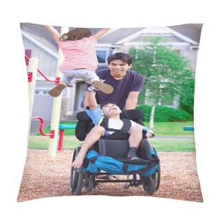 Personality  Disabled Boy In Wheelchair Enjoying Watching Friends Play At Par Pillow Covers