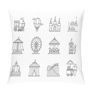 Personality  Set Of Linear Park Icons Vector Flat Elements. Amusement Park Objects Isolated On White Background. Park With Ferris Wheel, Circus, Carousel, Attractions. Pillow Covers