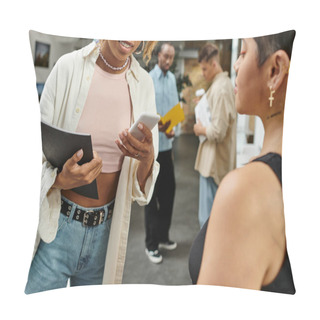 Personality  Happy African American Woman With Braces Using Smartphone Near Tattooed Woman, Startup, Gen Z Pillow Covers