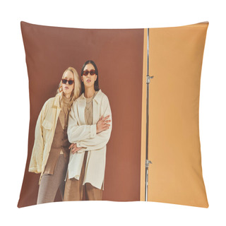 Personality  Fall Fashion And Trends, Interracial Women In Sunglasses And Outerwear Posing On Duo Color Backdrop Pillow Covers