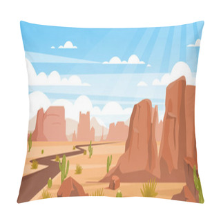 Personality  Sandy Desert Landscape Colorful Flat Vector Illustration. Empty Valley With Rocks, Crags And Green Cactuses. Dry Land With Draughts And Hot Climate. Arizona Beautiful Panoramic View. Pillow Covers