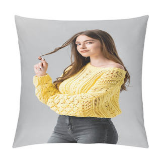 Personality  Flirty Young Woman Touching Hair While Looking At Camera Isolated On Grey Pillow Covers