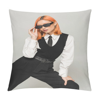 Personality  Fashionable And Young Asian Woman In White Shirt, Black Tie, Vest And Pants Standing In Expressive Pose And Adjusting Dark Sunglasses On Grey Background, Modern Lifestyle, Generation Z Pillow Covers