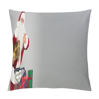 Personality  Father Christmas Showing Thumb Up Near Shopping Cart With Presents Isolated On Grey, Banner  Pillow Covers