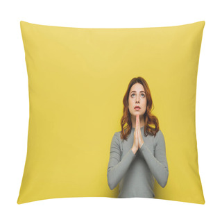 Personality  Tense Woman Showing Please Gesture While Looking Up On Yellow Pillow Covers