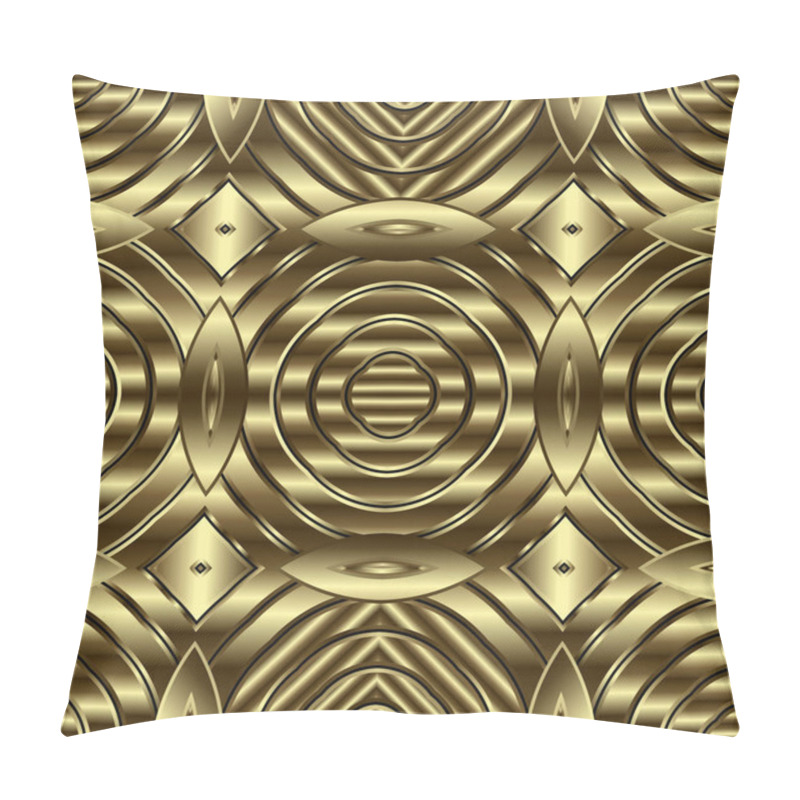 Personality  Gold textured 3d vector seamless pattern. Golden ornamental geometric background. Abstract geometrical shapes, lines, stripes, fractals. Surface repeat relief backdrop. Endless ornate 3d texture pillow covers