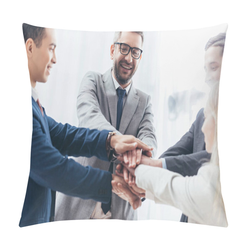 Personality  happy business team stacking hands in office  pillow covers