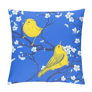 Personality  Bright Blue Oriental Seamless Pattern With Vintage Birds And Sakura Tree Branches.  Pillow Covers