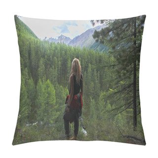 Personality  Back View Of Woman Looking At Mountains, Altai, Russia Pillow Covers