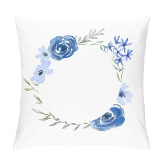 Personality  Blue Watercolor Rose Flower Wreath Frame Illustration On Isolated Background. Vintage Style Floral Spring Template For Product Presentation, Wedding Event Or Nature Design. Pillow Covers