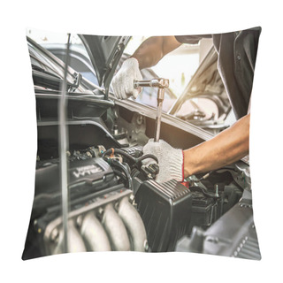 Personality  Close-up Hands Of Auto Mechanic Are Using The Wrench To Repair And Maintenance Auto Engine Is Problems At Car Repair Shop. Concepts Of Car Care Check And Fixed And Services Insurance. Pillow Covers