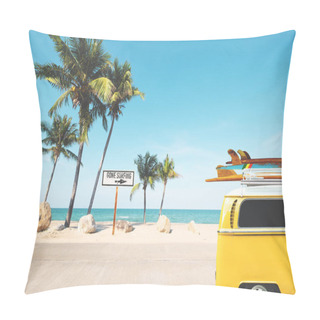 Personality  Vintage Car With Surfboard On Roof On Tropical Beach In Summer. Beach Sign For Gone Surfing. Vintage Effect Color Filter. Pillow Covers