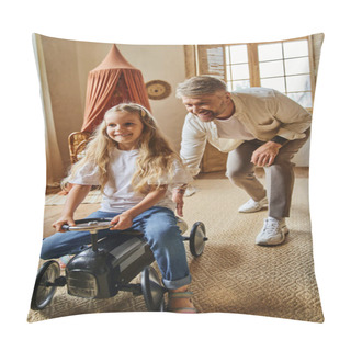 Personality  Happy Man Assisting Cheerful Daughter Riding Toy Car In Modern Living Room At Home, Playing Together Pillow Covers