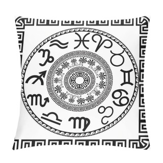Personality  Zodiac Symbols. Vector Mandala. Greek Black And White Pattern With Zodiac Signs, Circles, Flowers, Frame, Square, Meander, Greek Key Ornaments.   Isolated Texture. Modern Design Pillow Covers