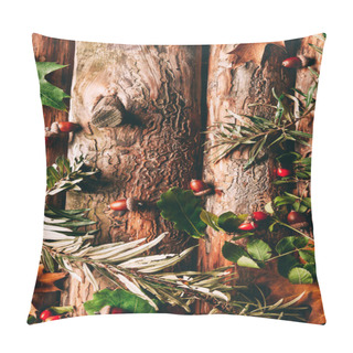 Personality  Flat Lay With Autumn Arrangement With Acorns, Common Sea Buckthorn And Briar Branches On Wooden Background Pillow Covers