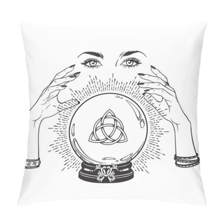 Personality  Hand Drawn Magic Crystal Ball With Triquetra Or Trinity Knot In Hands Of Fortune Teller Line Art And Dot Work. Boho Chic Tattoo, Poster Or Altar Veil Print Design Vector Illustration Pillow Covers