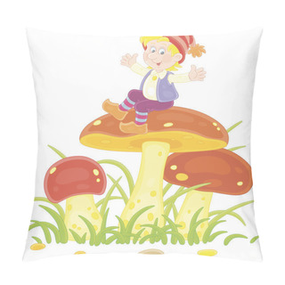 Personality  Merry Little Gnome Sitting On A Big Mushroom And Waving His Hands In Greeting Among Green Grass On A Summer Forest Glade, Vector Cartoon Illustration Isolated On A White Background Pillow Covers