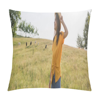 Personality  Smiling Girl In Straw Hat Looking Away Near Cattle Grazing In Green Pasture, Banner Pillow Covers