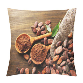 Personality  Cocoa Powder In Spoons And Cocoa Beans On Wooden Background Pillow Covers